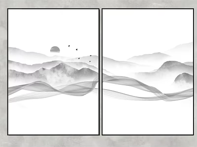 Black and White Landscape Painting with Rolling Mountains Sun Flying Birds and Wavy Lines 3d model