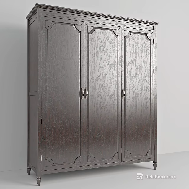 Dark Wooden Three Door Wardrobe With Classic Design And Metal Handles 3d model 