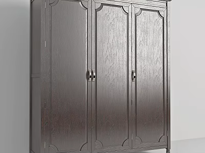 Dark Wooden Three Door Wardrobe With Classic Design And Metal Handles 3d model