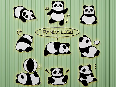 Adorable Panda Wall Decor With Various Cute Panda Designs On Green Striped Background 3d model