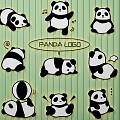 Adorable Panda Wall Decor With Various Cute Panda Designs On Green Striped Background