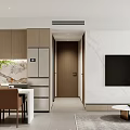 Modern Dining and Living Area With Open Design Wooden Cabinets Marble Island Countertop Dining Table