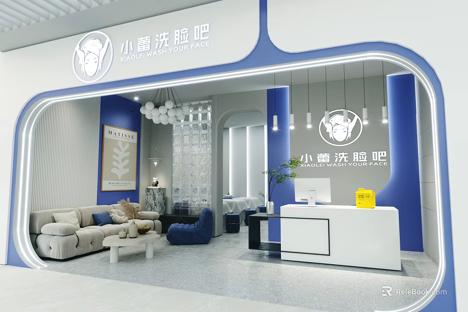 Modern Beauty Hair Salon Interior With Comfortable Sofa Front Desk Pendant Lights And Plants 3d model 