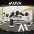 Modern Store Window Display with MOVA Logo Curved Design Circular Decorations and Lighting Effects