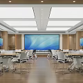 Modern Conference Room With Round Tables White Chairs Large Screen Windows And Wooden Walls
