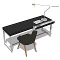 Modern Black Desk With Metal Frame Adjustable Lamp Notebook And Gray Checkered Chair