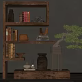 Wooden Display Cabinet With Shelves Holding Books Decorative Items And Bonsai Plant