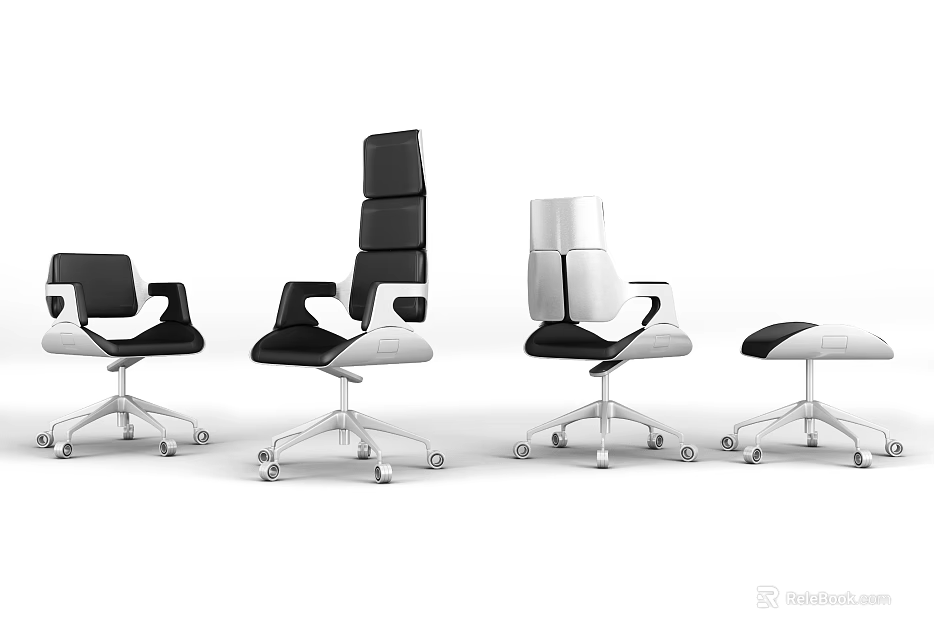 Modern Black And White Office Chairs With Wheels In Various Styles 3d model 