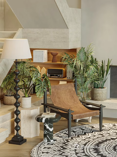 Modern Wooden Lounge Chair with Potted Green Plants Table Lamp and Vintage Radio 3d model 