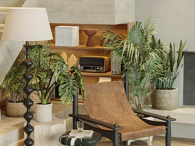 Modern Wooden Lounge Chair with Potted Green Plants Table Lamp and Vintage Radio 3d model