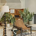 Modern Wooden Lounge Chair with Potted Green Plants Table Lamp and Vintage Radio