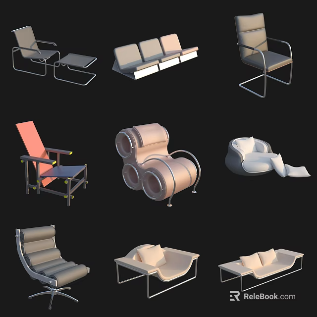 Contemporary Casual Sofa Set With Single Armchairs And Three-Seater For Living Room 3d model 