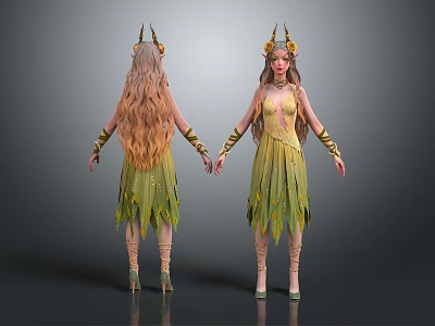 Elegant Fairy Female Characters With Horns Long Hair And Green Yellow Dresses 3d model