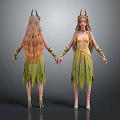 Elegant Fairy Female Characters With Horns Long Hair And Green Yellow Dresses