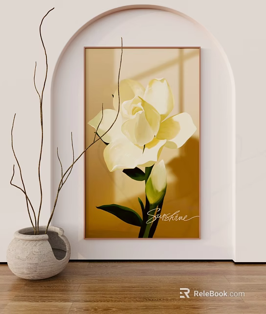 Botanical Painting of White Gardenia Flower with Warm Toned Background and Decorative Vase 3d model 