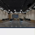 Modern Conference Room With Black Chairs Large Screen Tripod Equipment Grid Ceiling And Lighting