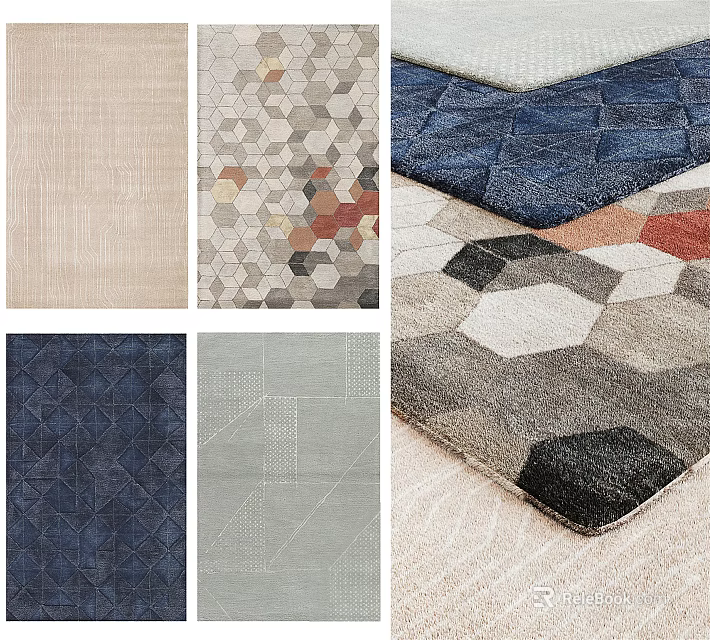 Modern Stylish Square Rugs With Geometric Patterns And Neutral Blue Tones 3d model