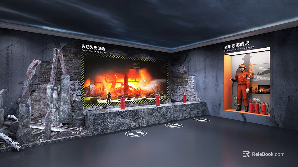 Fire Safety Exhibition Area With Simulated Fire Scene Warning Signs Firefighting Uniform And Extinguishers 3d model 