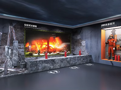 Fire Safety Exhibition Area With Simulated Fire Scene Warning Signs Firefighting Uniform And Extinguishers 3d model