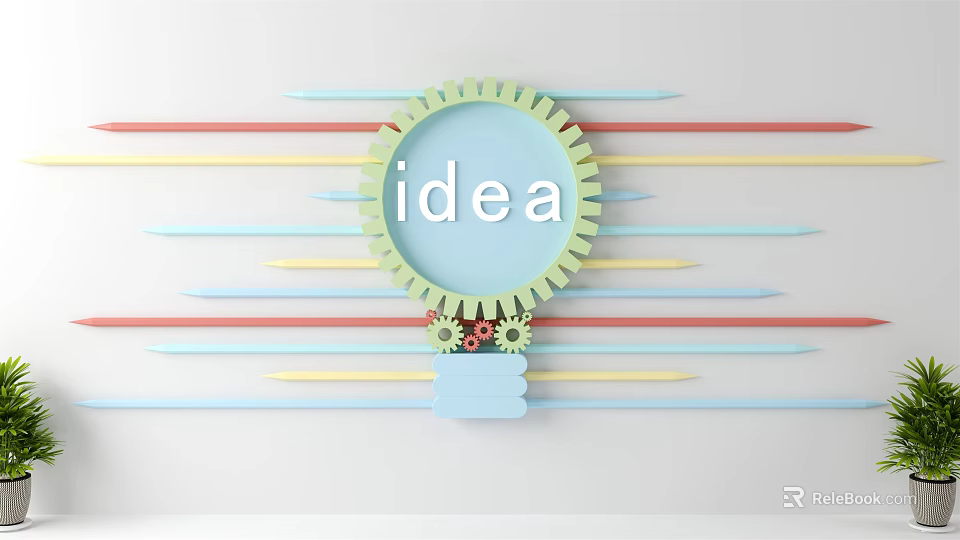 Background Wall Decorated with Light Bulb Shape Word Idea and Colorful Lines 3d model