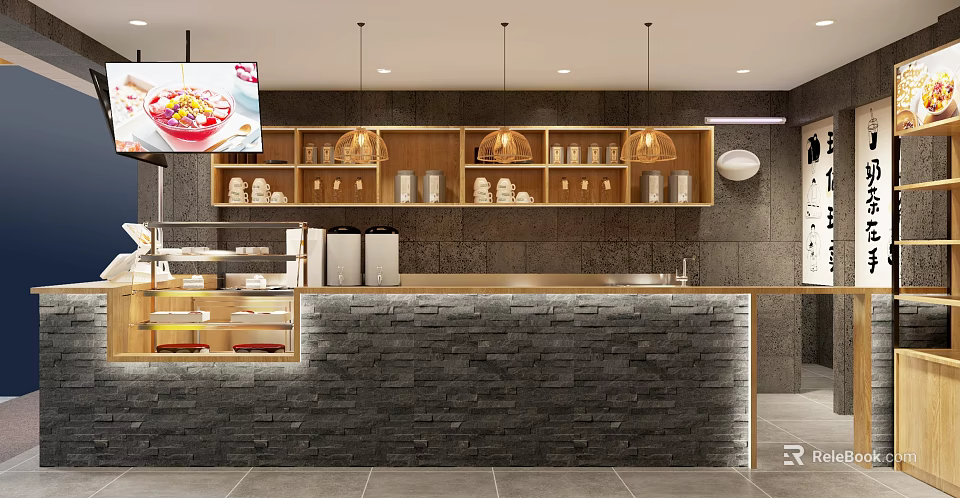 Modern Bubble Tea Shop Interior With Wooden Shelves Pendant Lights Display Cases And Stone Counter 3d model 