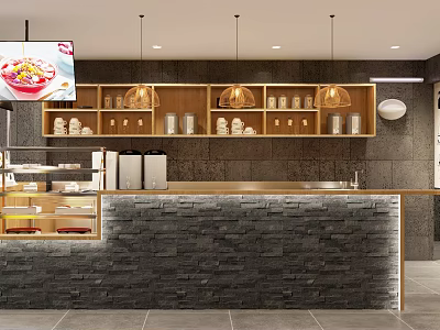 Modern Bubble Tea Shop Interior With Wooden Shelves Pendant Lights Display Cases And Stone Counter 3d model