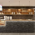 Modern Bubble Tea Shop Interior With Wooden Shelves Pendant Lights Display Cases And Stone Counter