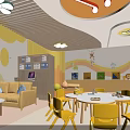 Vibrant Children's Activity Room With Yellow Chairs Round Table Bookshelves And Cartoon Decorations