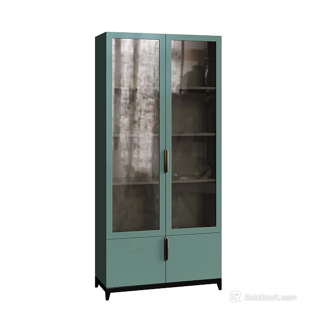 Modern Teal Display Cabinet with Glass Doors and Multiple Storage Shelves 3d model 