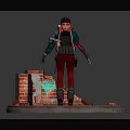 Construction Worker In Red Pants And Black Vest Standing With Tools Bricks On Circular Platform 3d model