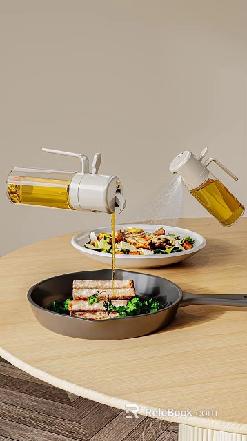 Cooking Scene With Oil Dispensers Fresh Salad And Frying Pan 3d model 