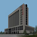 Modern Hospital Building With White Exterior Glass Curtain Wall Multiple Floors And Red Logo