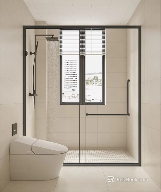 Modern Bathroom Interior Design With Glass Shower Toilet Window View And Tile Walls 3d model 