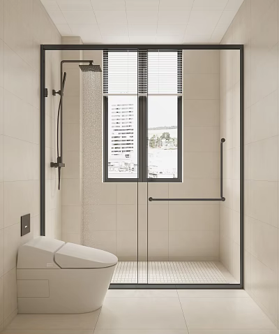 Modern Bathroom Interior Design With Glass Shower Toilet Window View And Tile Walls 3d model