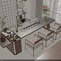 Chinese Style Wooden Tea Table With Matching Chairs And Tea Sets In Bright Interior