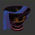 Ancient Style Sculpted Vase In Black With Orange Mythological Carvings And Red Drape