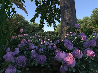 Scenic View of Purple Roses in Flower Bed With Tree Lush Greenery and Blue Sky 3d model