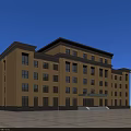Yellow Facade Office Building With Dark Roof Multi Story Structure Numerous Windows And Spacious Plaza