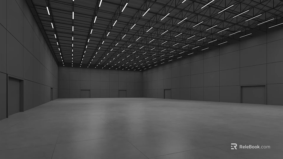 Large Empty Indoor Space With High Ceiling Strip Lights Gray Walls And Concrete Floor 3d model 