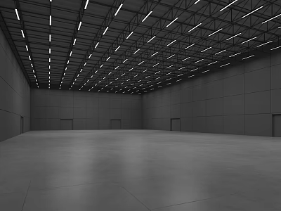 Large Empty Indoor Space With High Ceiling Strip Lights Gray Walls And Concrete Floor 3d model