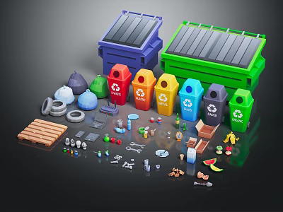 Various Colored Recycling Bins And Household Waste Sorting Items Including Plastics And Food Scraps 3d model