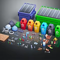 Various Colored Recycling Bins And Household Waste Sorting Items Including Plastics And Food Scraps