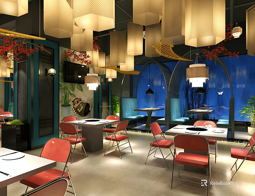 Modern Restaurant Interior With Red Chairs White Tables Pendant Lights And Blue Decorative Walls 3d model 
