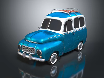 Blue And White Vintage Car With Surfboard On Roof And Rounded Body 3d model