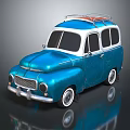 Blue And White Vintage Car With Surfboard On Roof And Rounded Body