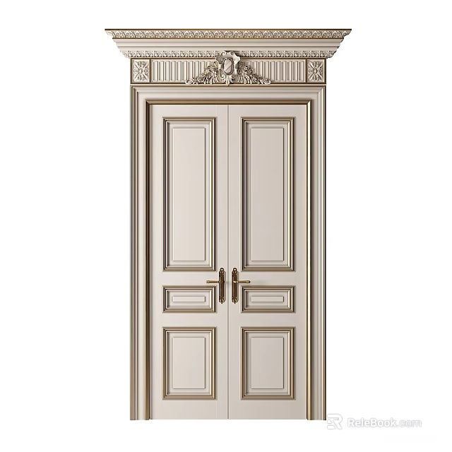 European Style Double Doors With Light Colored Panels Gold Frame And Ornate Carvings 3d model 
