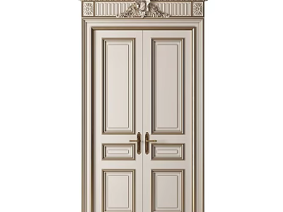 European Style Double Doors With Light Colored Panels Gold Frame And Ornate Carvings 3d model