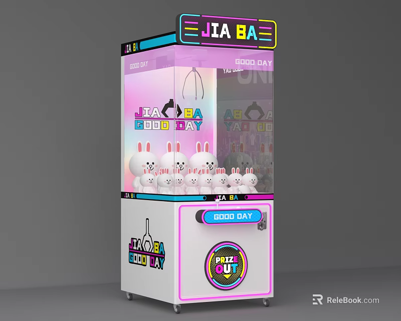 Fun Claw Machine with Rabbit Dolls Pink White Design JIA BA Sign and DOLL CLUB 3d model 