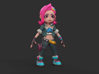 Game and Movie Character With Pink Hair Colorful Headband Denim Jacket And Cargo Pants 3d model