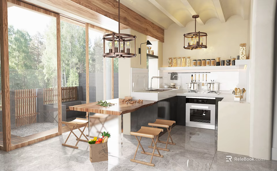Elegant Open Kitchen With Wooden Dining Counter And Hanging Lanterns 3d model